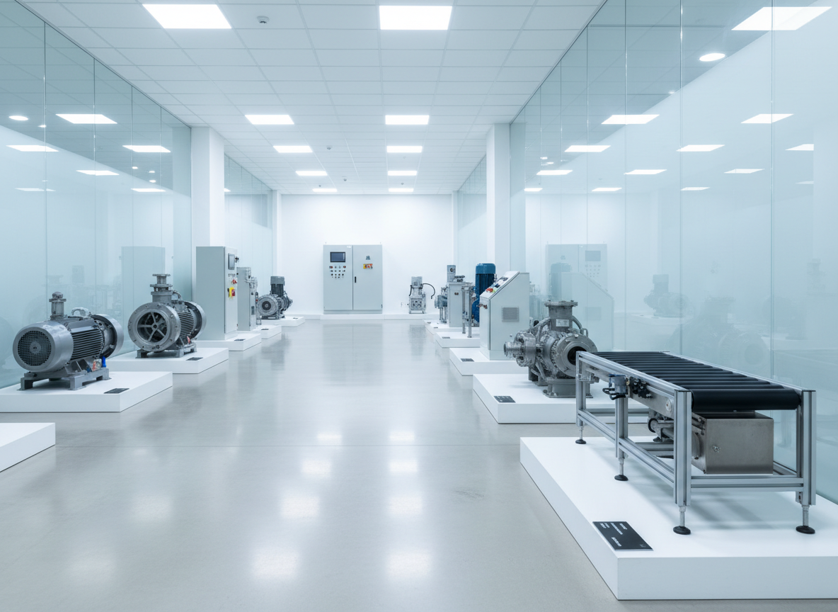 A realistic photographic image of a bright, modern industrial showroom featuring large equipment such as pumps, control panels, and compact conveyor sections. Each machine is placed on individual low, white platforms spaced evenly across a polished light concrete floor, with discrete information plaques at the base of each. Tall, frosted glass panels and smooth white walls surround the space, reflecting cool, even LED lighting from a hidden ceiling grid, creating minimal shadows and a clean, high-tech feel. Captured from a slightly low, wide-angle perspective that leads the eye diagonally through the room, the composition suggests an orderly, professional environment where businesses can compare and select industrial solutions for their factories.