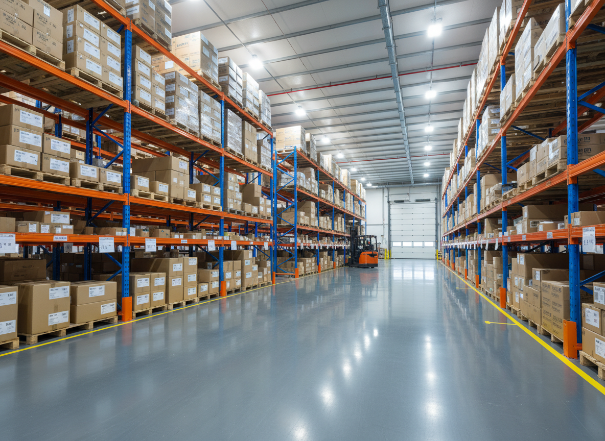 A wide-angle, photographic realism scene of a modern industrial warehouse interior, tall blue and orange pallet racks neatly stocked with various boxed industrial products and components. In the foreground, a clean, glossy gray epoxy floor reflects the rows of shelving and clearly marked yellow safety lines. Overhead LED panel lights cast bright, even illumination, creating crisp highlights on metal surfaces and soft, controlled shadows beneath the racks. In the distance, a large roll-up door reveals diffused daylight, adding depth without distracting details. Shot from a slightly elevated, eye-level perspective with sharp focus throughout, the composition feels organized, professional, and efficient, perfectly representing a comprehensive industrial product hub for factories and businesses.