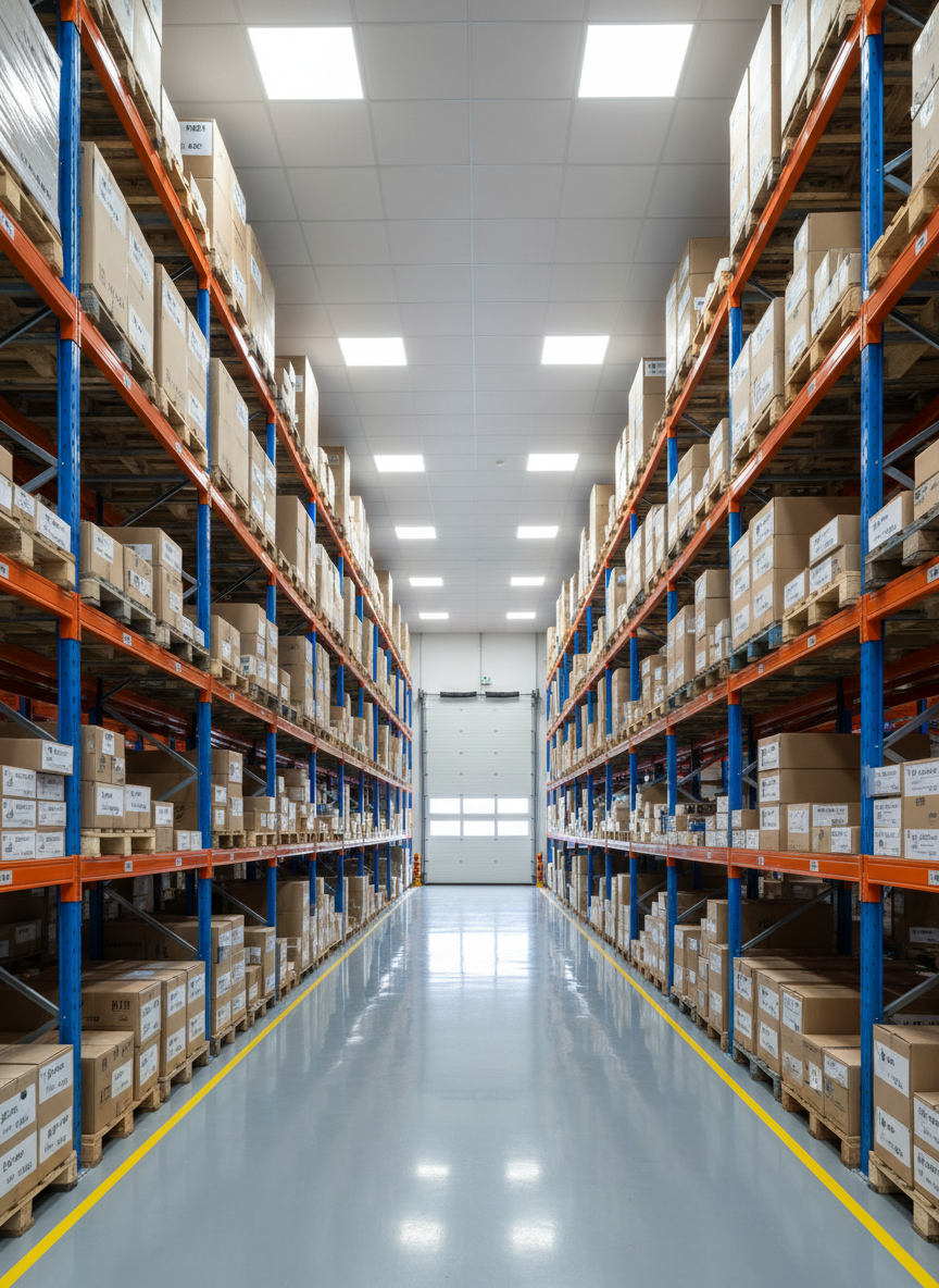 A wide-angle, photographic realism scene of a modern industrial warehouse interior, tall blue and orange pallet racks neatly stocked with various boxed industrial products and components. In the foreground, a clean, glossy gray epoxy floor reflects the rows of shelving and clearly marked yellow safety lines. Overhead LED panel lights cast bright, even illumination, creating crisp highlights on metal surfaces and soft, controlled shadows beneath the racks. In the distance, a large roll-up door reveals diffused daylight, adding depth without distracting details. Shot from a slightly elevated, eye-level perspective with sharp focus throughout, the composition feels organized, professional, and efficient, perfectly representing a comprehensive industrial product hub for factories and businesses.