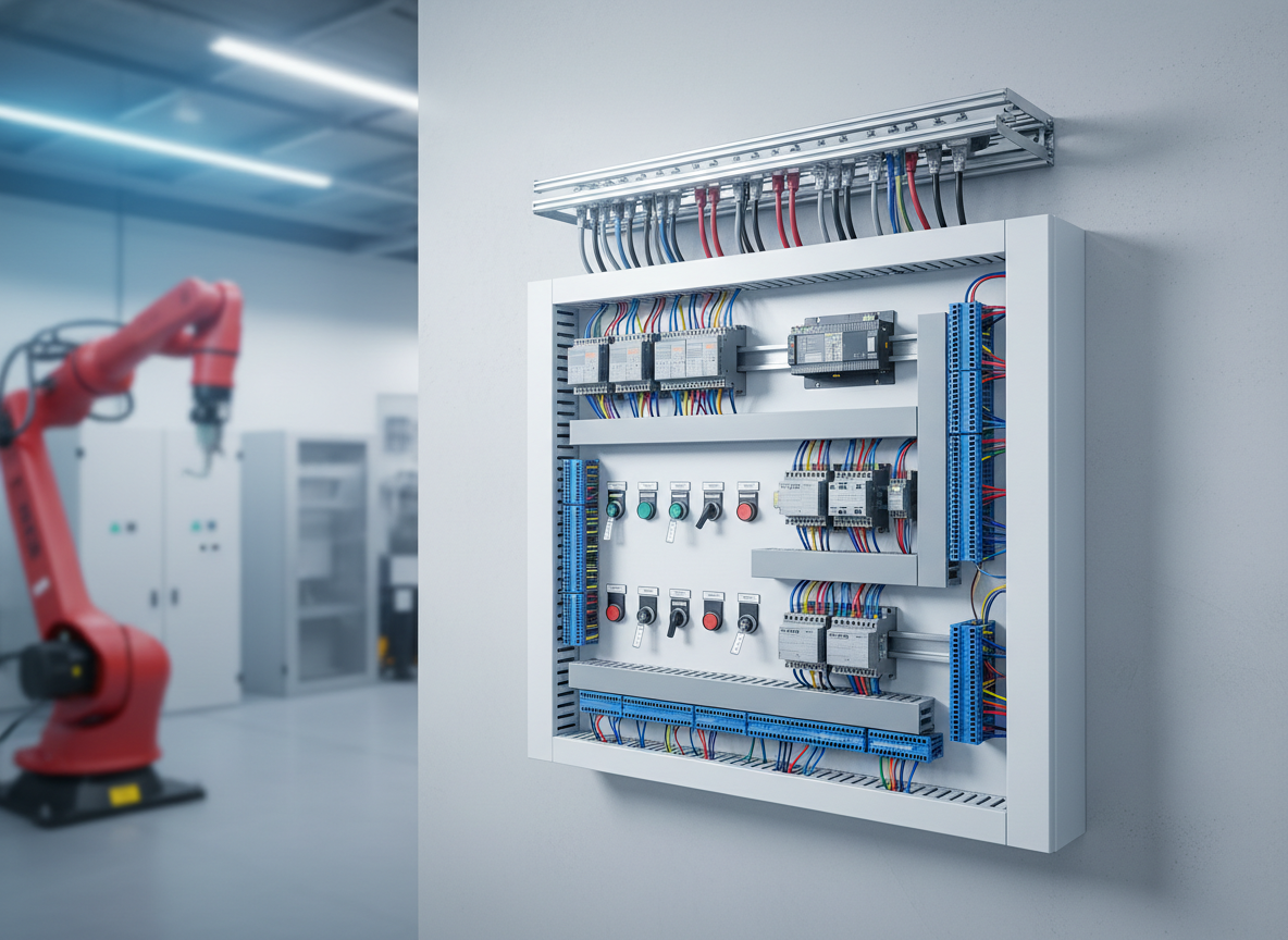 A detailed, photographic realism image of an industrial automation control corner, focusing on a clean white metal panel populated with neatly aligned PLC modules, terminals, colored wiring ducts, and labeled switches. The panel is mounted on a smooth, light-gray wall, with a stainless steel cable tray running overhead and neatly bundled cables descending in organized runs. Soft, cool studio lighting from the upper left emphasizes texture on the metal and creates precise, minimal shadows within the panel. In the blurred background, additional control cabinets and a faint outline of machinery suggest a high-tech production environment. Captured straight-on with sharp focus on the panel and shallow depth of field behind, the mood is precise, technical, and modern, ideal for showcasing advanced industrial control solutions for factories and businesses.