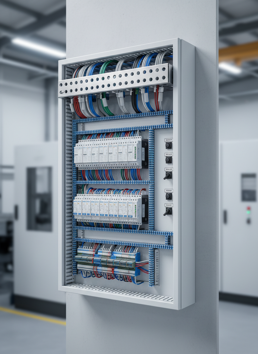 A detailed, photographic realism image of an industrial automation control corner, focusing on a clean white metal panel populated with neatly aligned PLC modules, terminals, colored wiring ducts, and labeled switches. The panel is mounted on a smooth, light-gray wall, with a stainless steel cable tray running overhead and neatly bundled cables descending in organized runs. Soft, cool studio lighting from the upper left emphasizes texture on the metal and creates precise, minimal shadows within the panel. In the blurred background, additional control cabinets and a faint outline of machinery suggest a high-tech production environment. Captured straight-on with sharp focus on the panel and shallow depth of field behind, the mood is precise, technical, and modern, ideal for showcasing advanced industrial control solutions for factories and businesses.