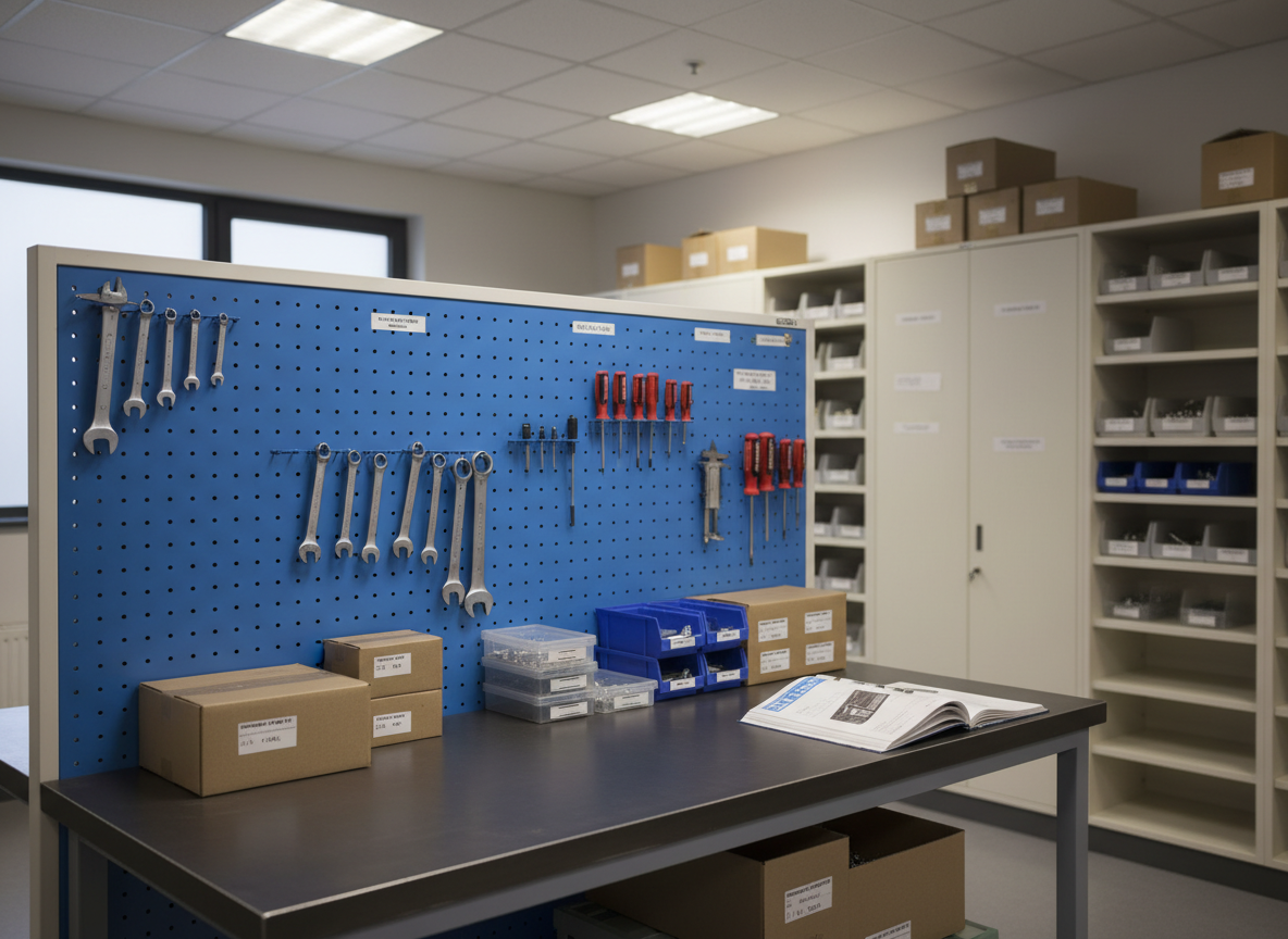 A photographic realism scene of a tidy industrial maintenance workstation, centered on a robust steel workbench with a smooth, dark gray top. Above the bench, a perforated blue tool board neatly holds labeled wrenches, screwdrivers, and measuring instruments, while the benchtop displays boxed spare parts, sealed bearings, and a carefully folded technical catalog. The setting is a well-lit factory support room, with soft, neutral overhead lighting and a faint window glow from the side that casts gentle, believable shadows. Shot at eye level with moderate depth of field, the composition uses rule-of-thirds to highlight both the workbench and the organized storage cabinets behind it. The mood is calm, orderly, and reliable, evoking confidence in industrial service and spare-part availability for business operations.
