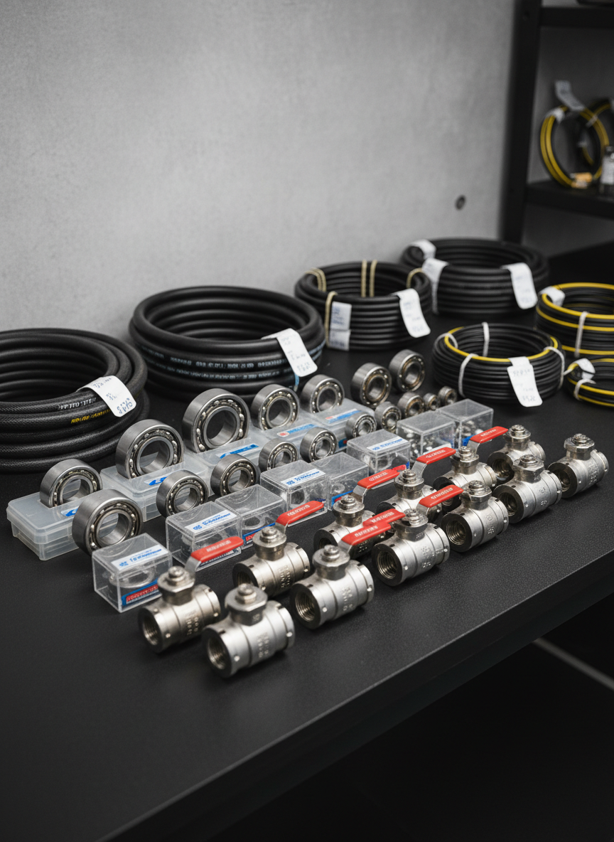 A close-up, photographic realism image of a meticulously organized selection of industrial components displayed on a matte black workbench. Stainless steel valves, precision bearings, rugged rubber hoses, and neatly coiled power cables are arranged in a deliberate, grid-like pattern, each product label clearly visible but not dominant. Soft studio lighting from above and slightly to the side creates subtle reflections on polished metal and gentle gradients on plastic surfaces, with a shallow depth of field giving mild background blur. The environment hints at a modern technical showroom with a clean, neutral gray backdrop. The mood is professional and trustworthy, emphasizing quality, durability, and the breadth of products available for factories and business operations.