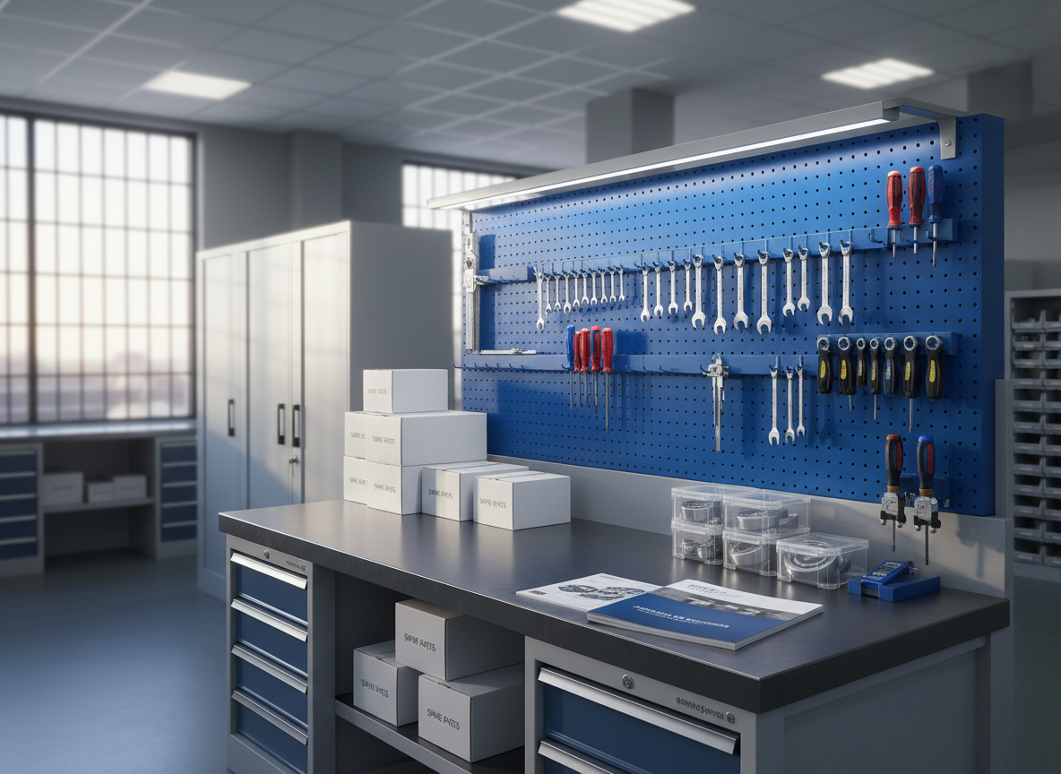 A photographic realism scene of a tidy industrial maintenance workstation, centered on a robust steel workbench with a smooth, dark gray top. Above the bench, a perforated blue tool board neatly holds labeled wrenches, screwdrivers, and measuring instruments, while the benchtop displays boxed spare parts, sealed bearings, and a carefully folded technical catalog. The setting is a well-lit factory support room, with soft, neutral overhead lighting and a faint window glow from the side that casts gentle, believable shadows. Shot at eye level with moderate depth of field, the composition uses rule-of-thirds to highlight both the workbench and the organized storage cabinets behind it. The mood is calm, orderly, and reliable, evoking confidence in industrial service and spare-part availability for business operations.