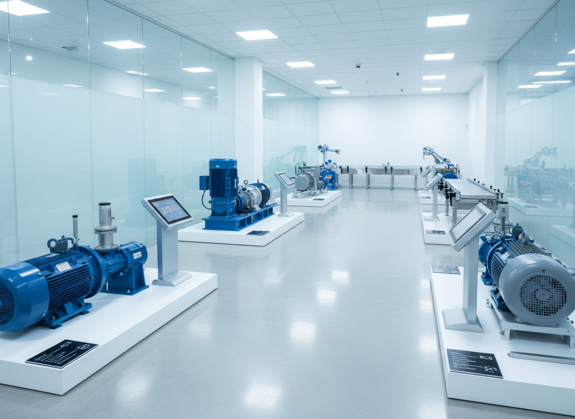 A realistic photographic image of a bright, modern industrial showroom featuring large equipment such as pumps, control panels, and compact conveyor sections. Each machine is placed on individual low, white platforms spaced evenly across a polished light concrete floor, with discrete information plaques at the base of each. Tall, frosted glass panels and smooth white walls surround the space, reflecting cool, even LED lighting from a hidden ceiling grid, creating minimal shadows and a clean, high-tech feel. Captured from a slightly low, wide-angle perspective that leads the eye diagonally through the room, the composition suggests an orderly, professional environment where businesses can compare and select industrial solutions for their factories.