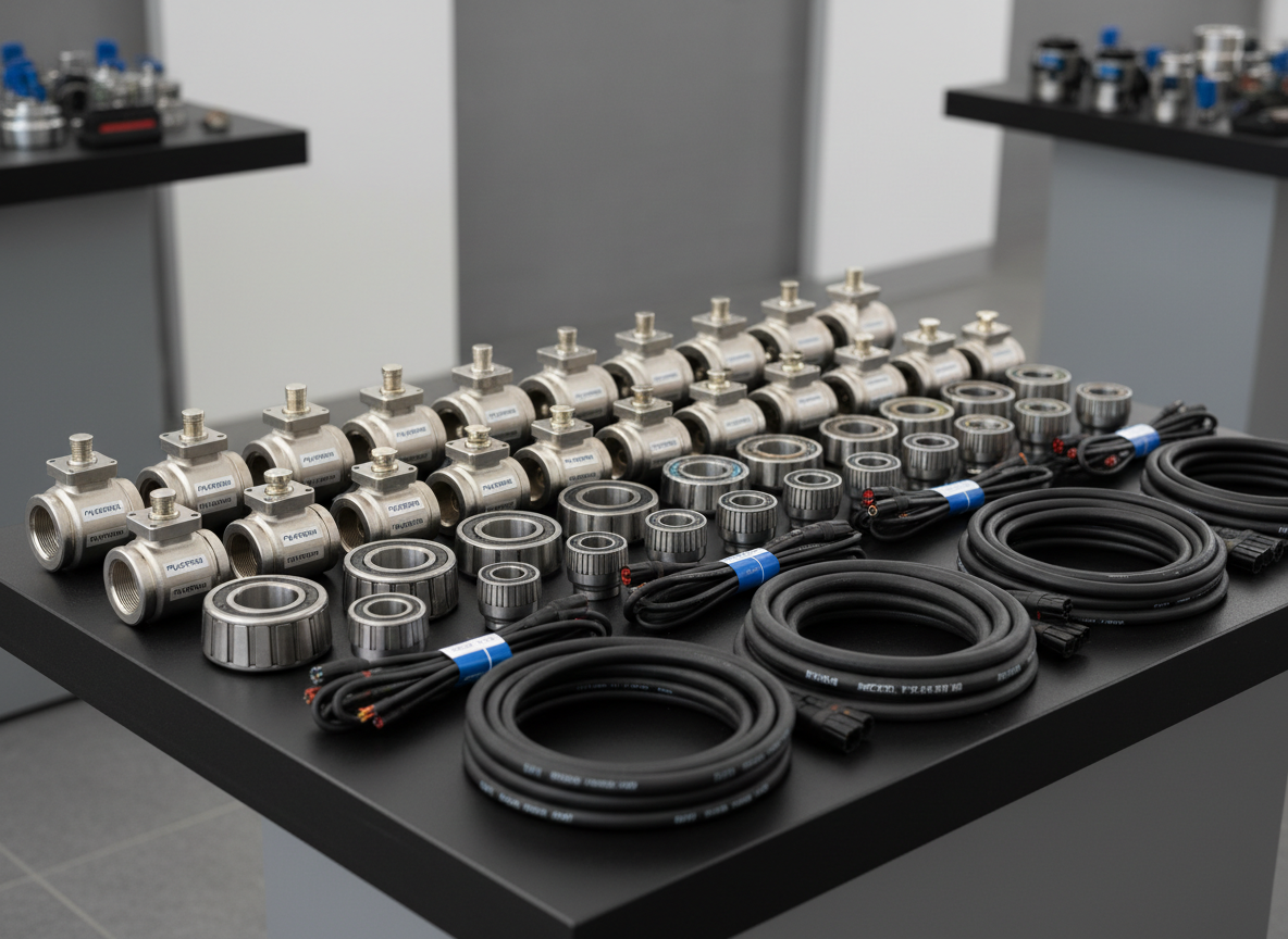 A close-up, photographic realism image of a meticulously organized selection of industrial components displayed on a matte black workbench. Stainless steel valves, precision bearings, rugged rubber hoses, and neatly coiled power cables are arranged in a deliberate, grid-like pattern, each product label clearly visible but not dominant. Soft studio lighting from above and slightly to the side creates subtle reflections on polished metal and gentle gradients on plastic surfaces, with a shallow depth of field giving mild background blur. The environment hints at a modern technical showroom with a clean, neutral gray backdrop. The mood is professional and trustworthy, emphasizing quality, durability, and the breadth of products available for factories and business operations.